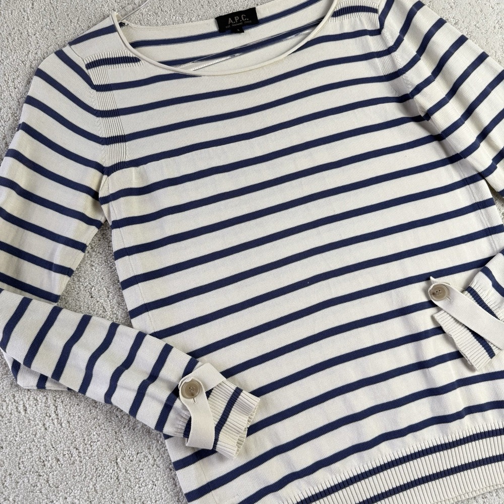 A.P.C. Striped Button Detail Breton Sweater Womens Small Navy White France $200+